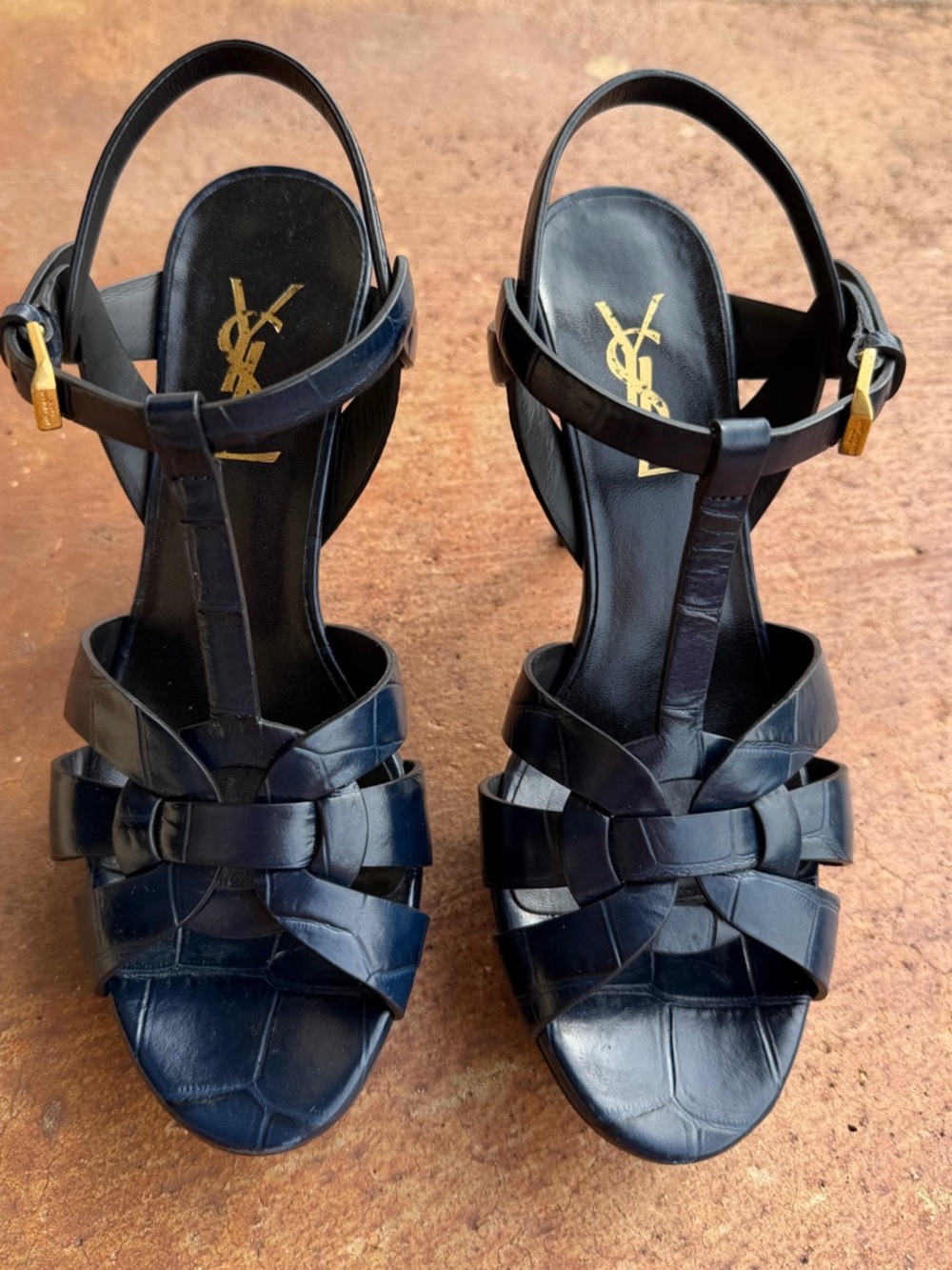 Saint Laurent tribute navy Leather Woven T-Strap Sandals with Gold Accents - Picture 7 of 13